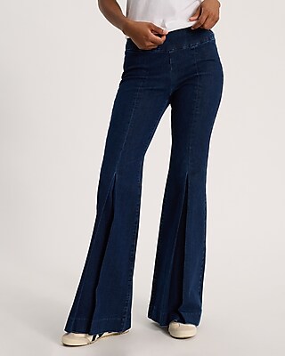 Mid Rise Dark Wash Pleated Leg Pull-On '70s Flare Jeans