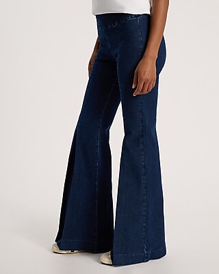 Mid Rise Dark Wash Pleated Leg Pull-On '70s Flare Jeans