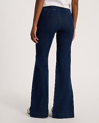 Mid Rise Dark Wash Pleated Leg Pull-On '70s Flare Jeans