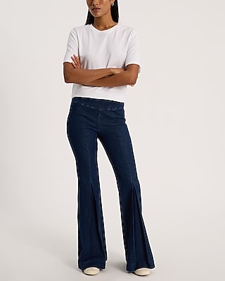 Mid Rise Dark Wash Pleated Leg Pull-On '70s Flare Jeans