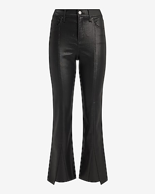 High Waisted Black Coated Split Asymmetrical Seam Cropped Flare Jeans