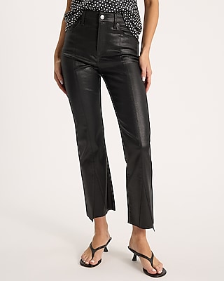 High Waisted Black Coated Split Asymmetrical Seam Cropped Flare Jeans