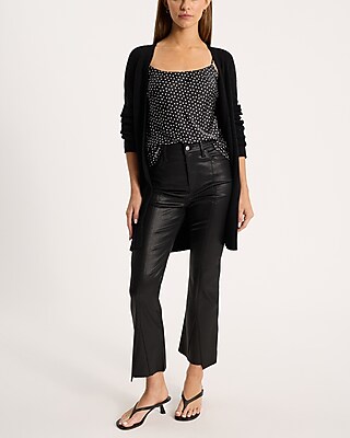 High Waisted Black Coated Split Asymmetrical Seam Cropped Flare Jeans