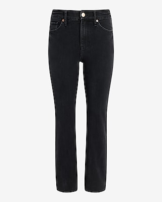 High Waisted Black Wash Raw Hem FlexX Cropped Flare Jeans