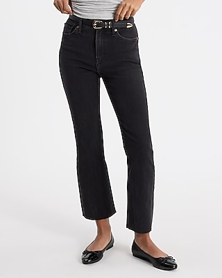 High Waisted Black Wash Raw Hem FlexX Cropped Flare Jeans