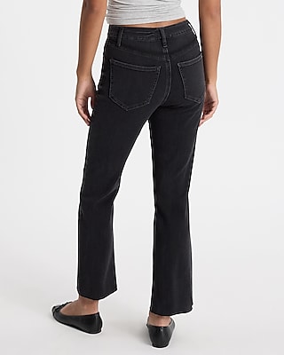 High Waisted Black Wash Raw Hem FlexX Cropped Flare Jeans