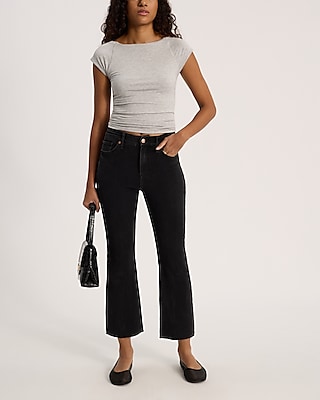 High Waisted Black Wash Raw Hem FlexX Cropped Flare Jeans