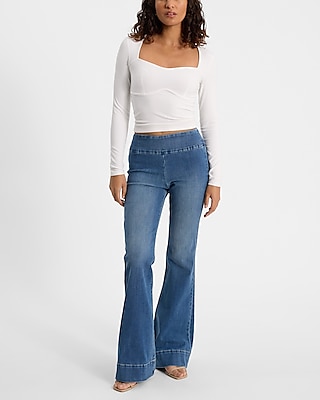 Mid Rise Medium Wash Tall Hem Pull-On '70s Flare Jeans