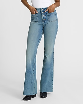 High Waisted Light Wash Patch Pocket Flexx '70s Flare Jeans | Express
