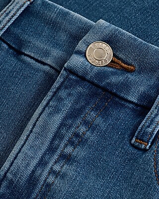 High Waisted Medium Wash Raw Hem FlexX Cropped Flare Jeans