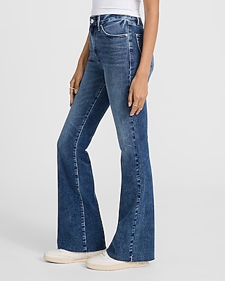 High Waisted Medium Wash Raw Hem FlexX '70s Flare Jeans