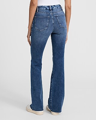High Waisted Medium Wash Raw Hem FlexX '70s Flare Jeans