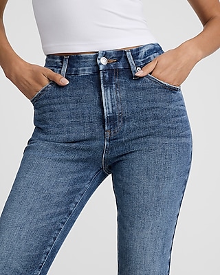 High Waisted Medium Wash Raw Hem FlexX '70s Flare Jeans