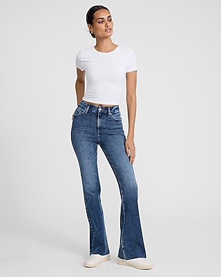 High Waisted Medium Wash Raw Hem FlexX '70s Flare Jeans