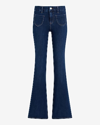 Mid Rise Dark Wash Patch Pocket Flexx '70s Flare Jeans | Express