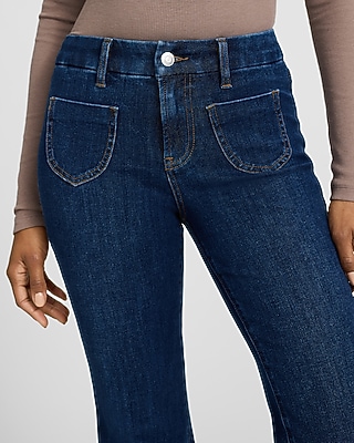 Mid Rise Dark Wash Patch Pocket FlexX '70s Flare Jeans - image 4