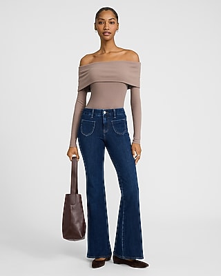 Mid Rise Dark Wash Patch Pocket FlexX '70s Flare Jeans