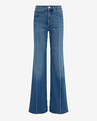 High Waisted Medium Wash Front Seam Raw Hem Relaxed Flare Jeans