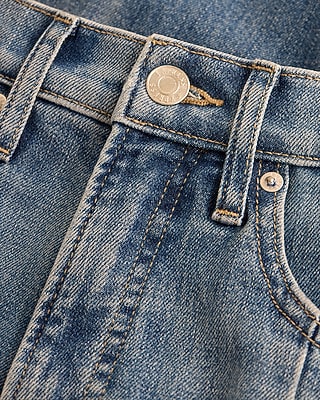 High Waisted Medium Wash Front Seam Raw Hem Relaxed Flare Jeans
