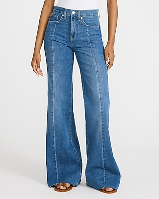 High Waisted Medium Wash Front Seam Raw Hem Relaxed Flare Jeans
