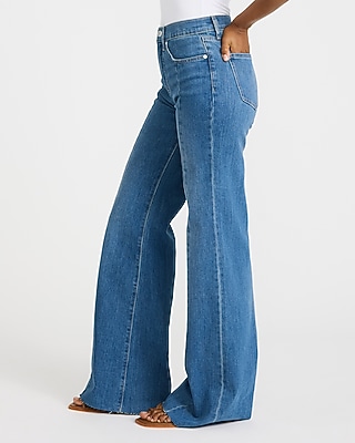 High Waisted Medium Wash Front Seam Raw Hem Relaxed Flare Jeans