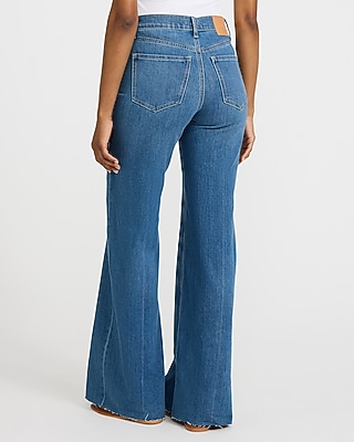 High Waisted Medium Wash Front Seam Raw Hem Relaxed Flare Jeans