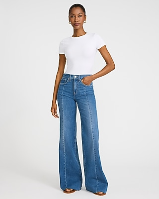 High Waisted Medium Wash Front Seam Raw Hem Relaxed Flare Jeans