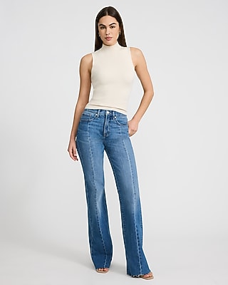High Waisted Medium Wash Front Seam Raw Hem Relaxed Flare Jeans