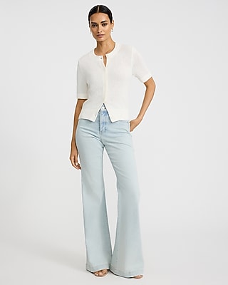 High Waisted Light Wash Tall Hem 70s Flare Jeans