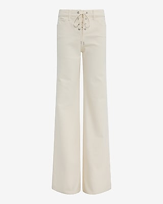 High Waisted Ivory Lace Up Relaxed Flare Jeans