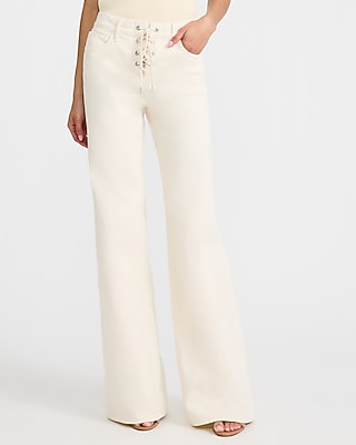 High Waisted Ivory Lace Up Relaxed Flare Jeans