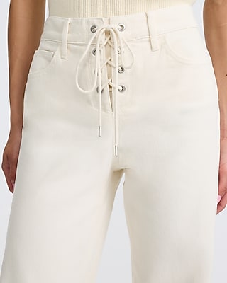 High Waisted Ivory Lace Up Relaxed Flare Jeans