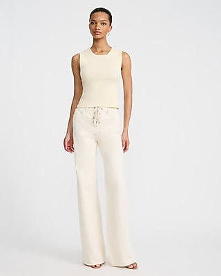High Waisted Ivory Lace Up Relaxed Flare Jeans