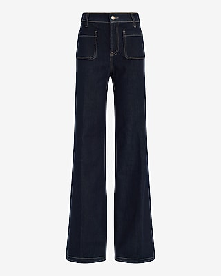 High Waisted Dark Wash Patch Pocket Relaxed Flare Jeans