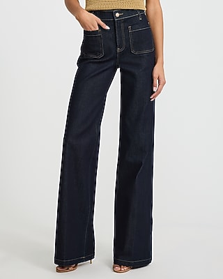 High Waisted Dark Wash Patch Pocket Relaxed Flare Jeans