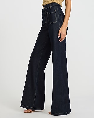 High Waisted Dark Wash Patch Pocket Relaxed Flare Jeans
