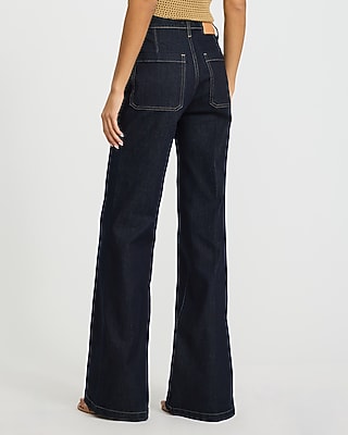 High Waisted Dark Wash Patch Pocket Relaxed Flare Jeans