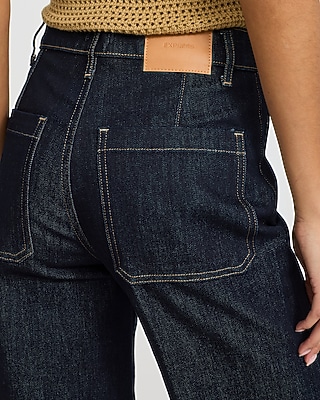High Waisted Dark Wash Patch Pocket Relaxed Flare Jeans