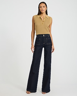 High Waisted Dark Wash Patch Pocket Relaxed Flare Jeans