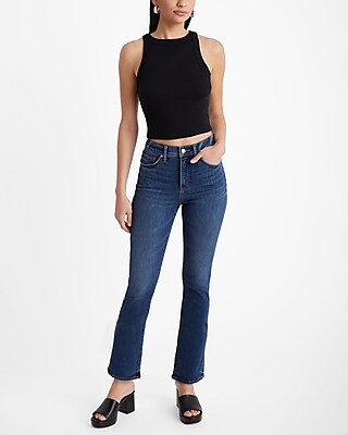 High Waisted Dark Wash Cropped Flare Jeans