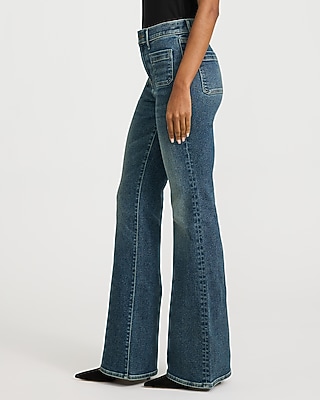 High Waisted Patch Pocket '70s Flare Dark Wash Jeans in Hyper Stretch - thumbnail 2