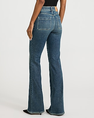 High Waisted Patch Pocket '70s Flare Dark Wash Jeans in Hyper Stretch - thumbnail 3