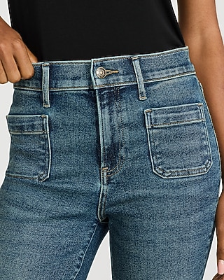 High Waisted Patch Pocket '70s Flare Dark Wash Jeans in Hyper Stretch - thumbnail 4