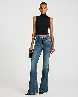 High Waisted Patch Pocket '70s Flare Dark Wash Jeans in Hyper Stretch - thumbnail 6