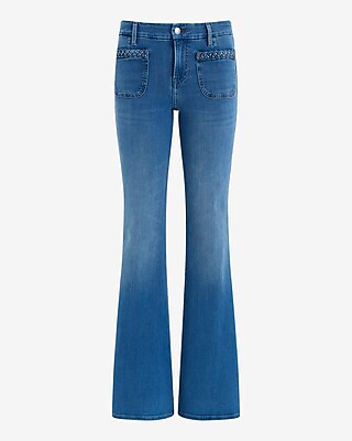Mid Rise Medium Wash Braided Patch Pocket FlexX '70s Flare Jeans