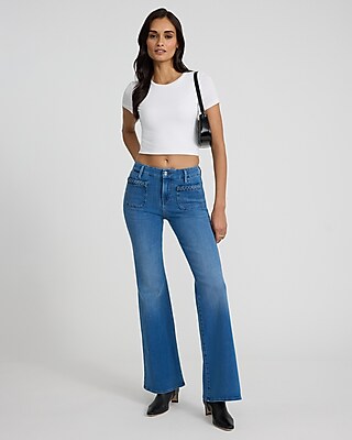 Mid Rise Medium Wash Braided Patch Pocket FlexX '70s Flare Jeans
