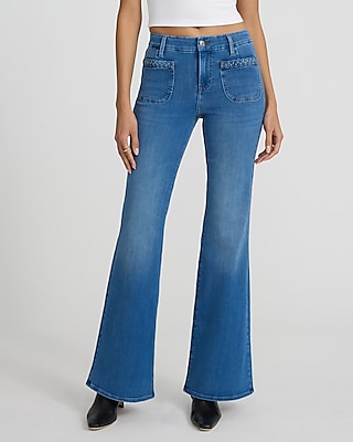 Mid Rise Medium Wash Braided Patch Pocket FlexX '70s Flare Jeans
