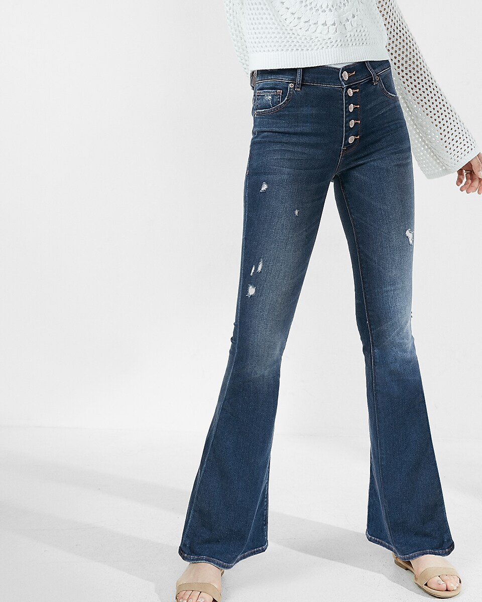 High Waisted Button Fly Stretch+supersoft Bell Flare Jeans | Express