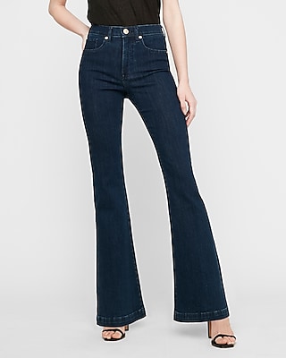 high rise dark wash flare jeans