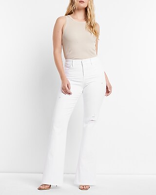 Mid Rise White Ripped '70s Flare Jeans